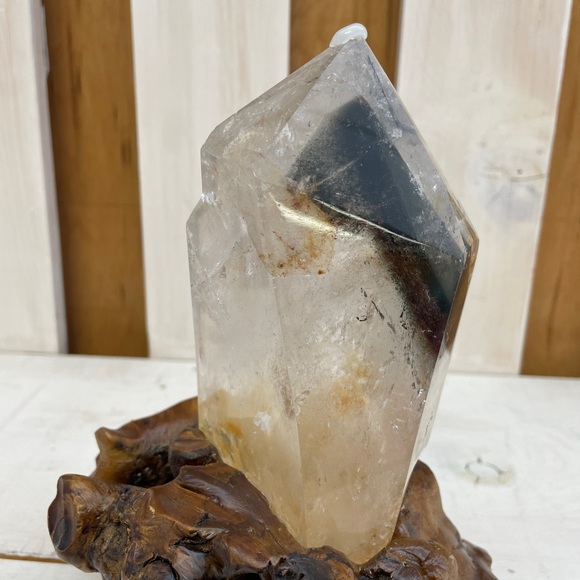 Clear Quartz and Garden Crystal on Wooden customized stand 2.5LBS